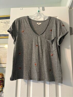 Pilcro Gray V-Neck Pocket Tee with Football Embroidery